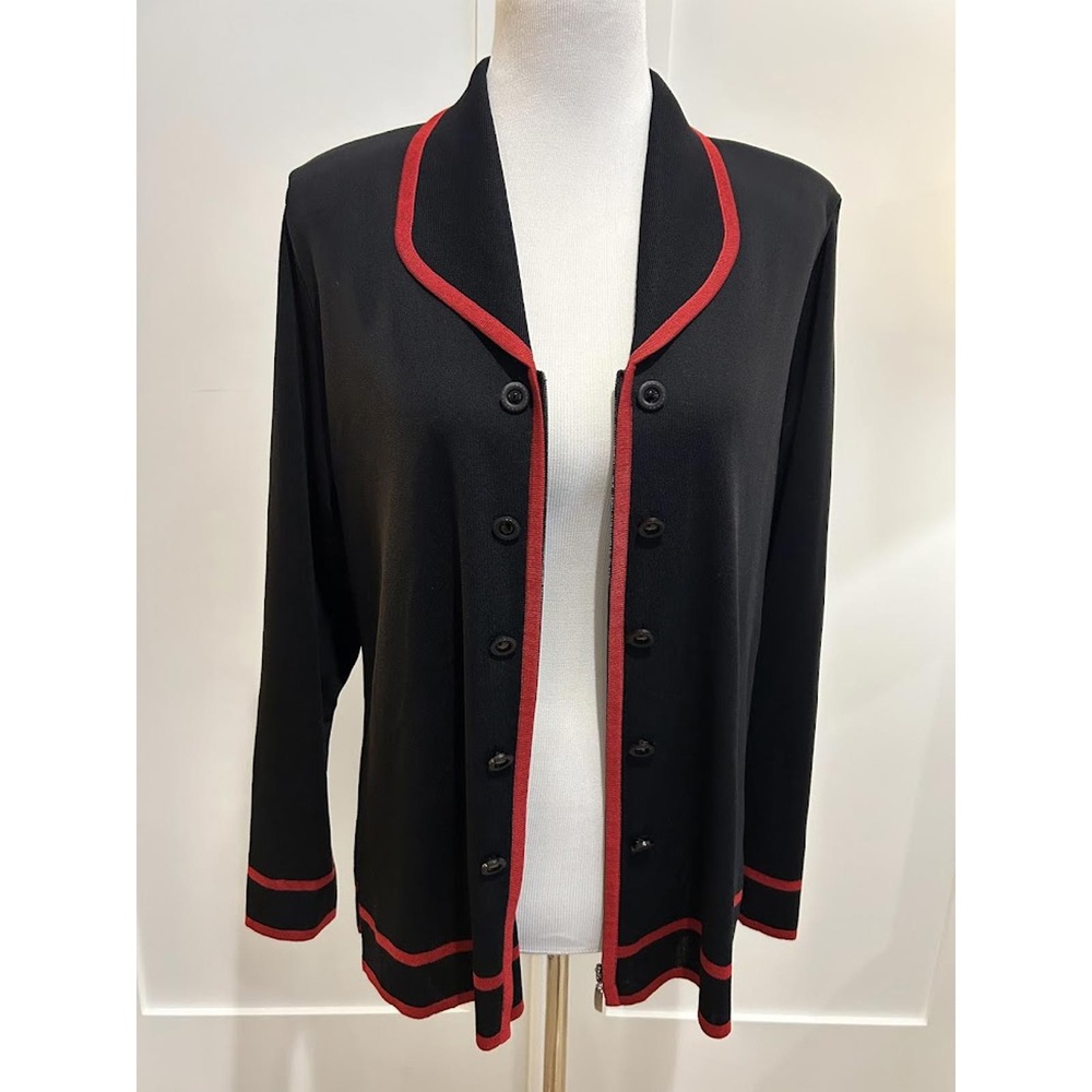 Misook Black Zip Cardigan Red Trim Classic Office Quiet Luxury‎ Sophisticated L